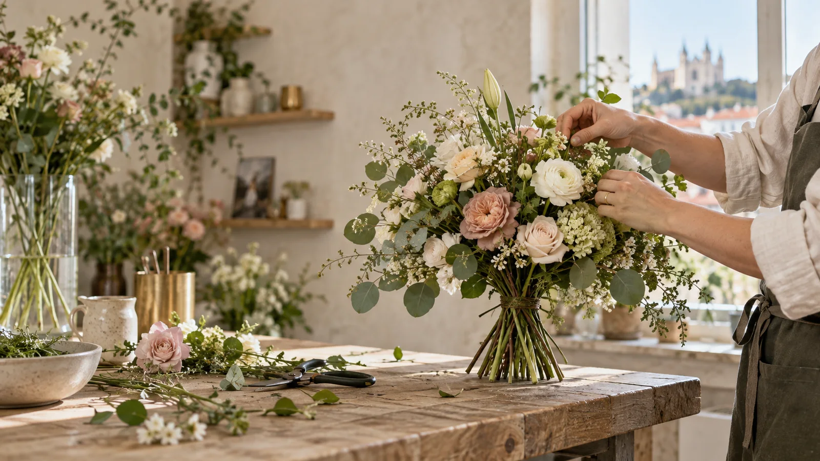 Artisane préparant un bouquet de fleurs de saison
